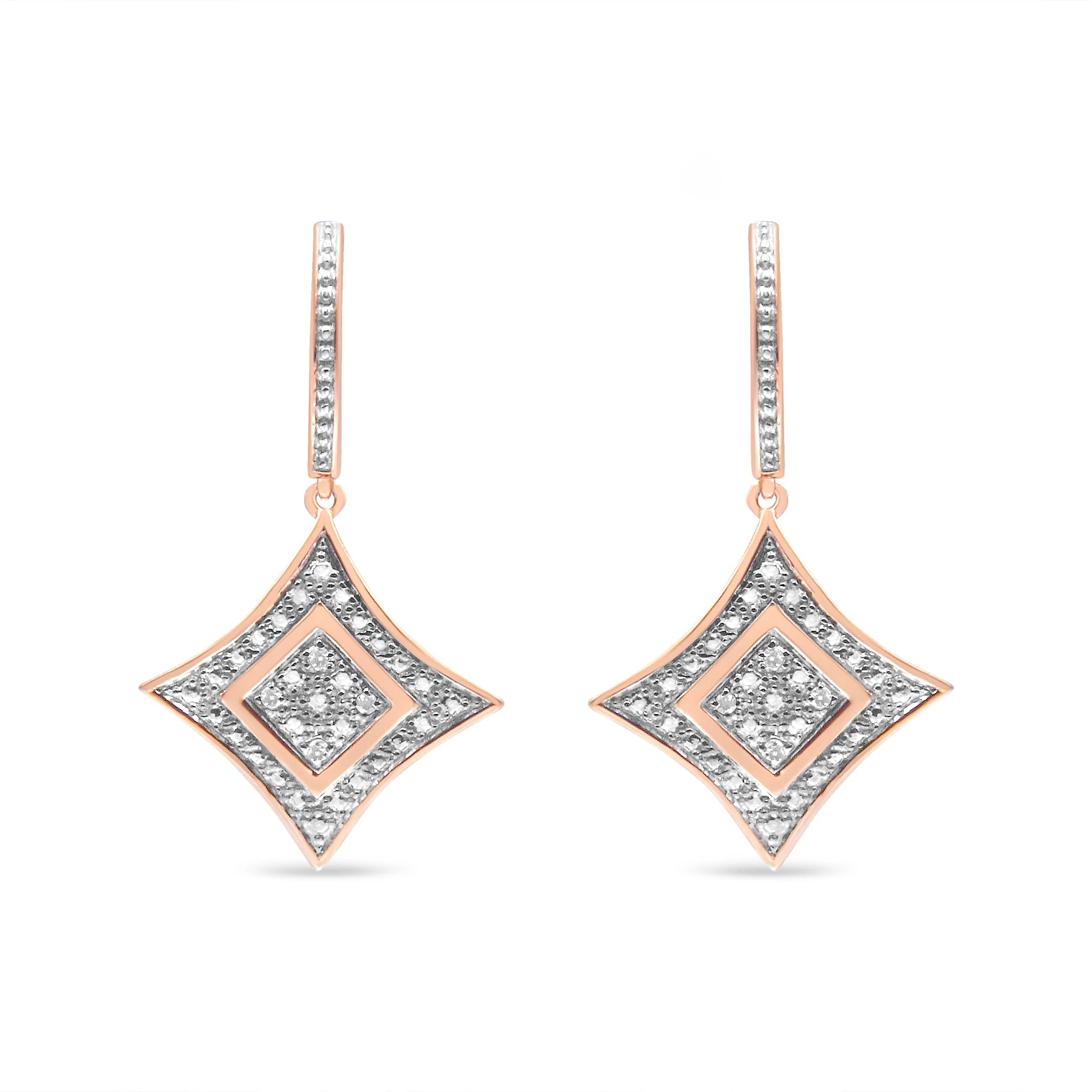 10K Rose Gold Plated Sterling Silver Round Cut Diamond Cushion Dangle Earrings