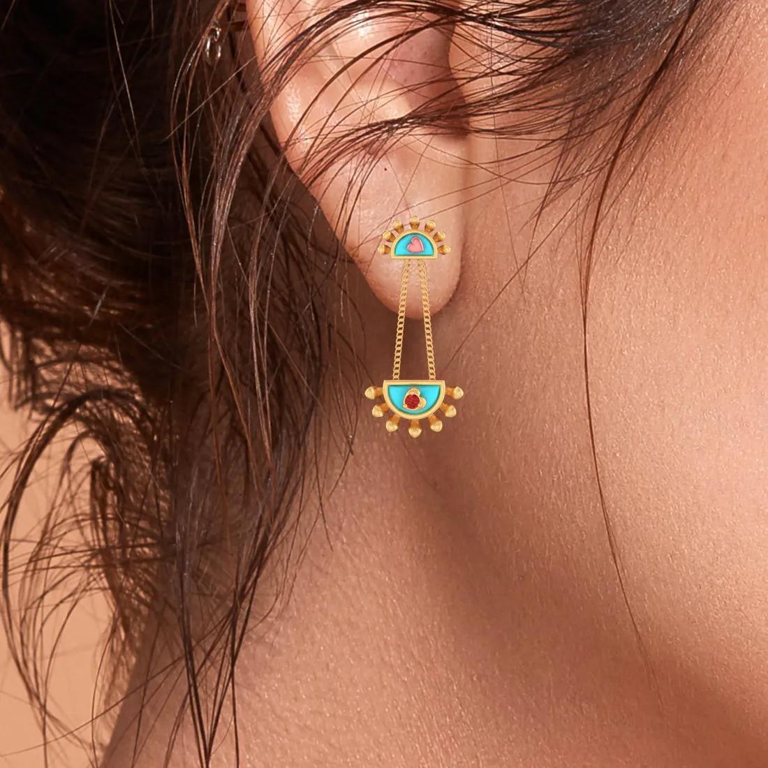 14k Gold Earrings With Magnificent Sunrise Shaped Design