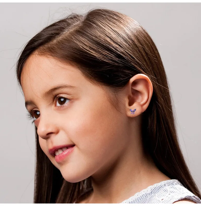 14k Gold Plated with Amethyst & Pink Cubic Zirconia Butterfly Earrings for Toddlers and Kids