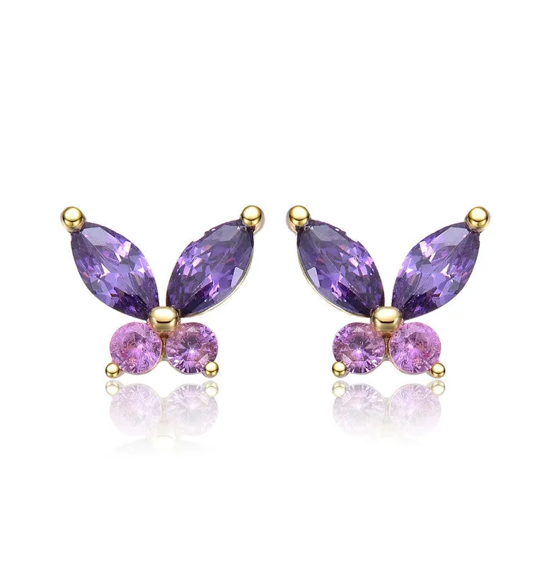 14k Gold Plated with Amethyst & Pink Cubic Zirconia Butterfly Earrings for Toddlers and Kids