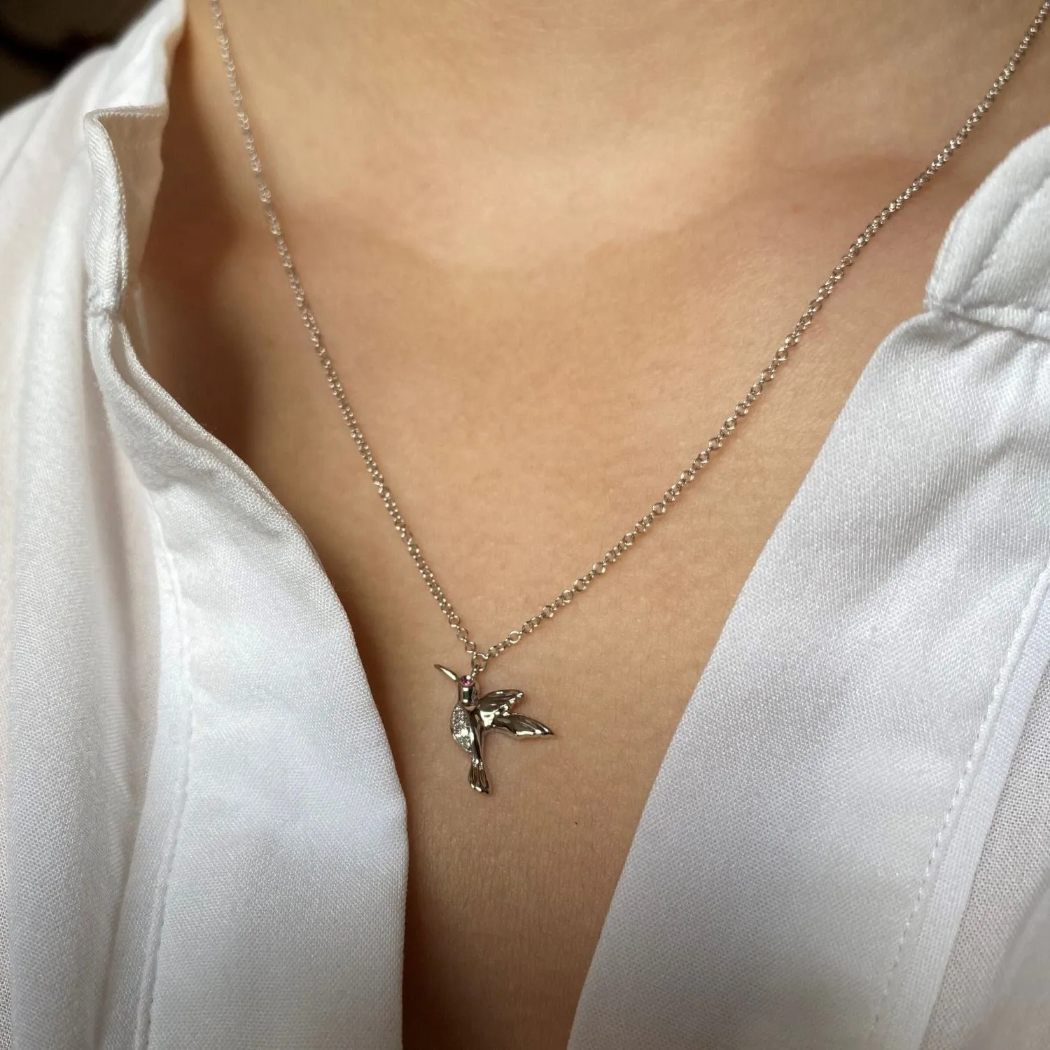 14K Solid Gold and Diamond Hummingbird Necklace