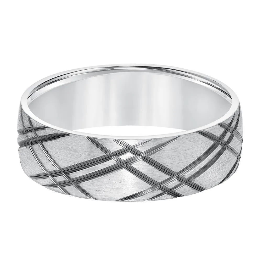 14k White Gold Brushed Finish Mens Wedding Band with Polished Criss Cross Grooves - 6.5mm