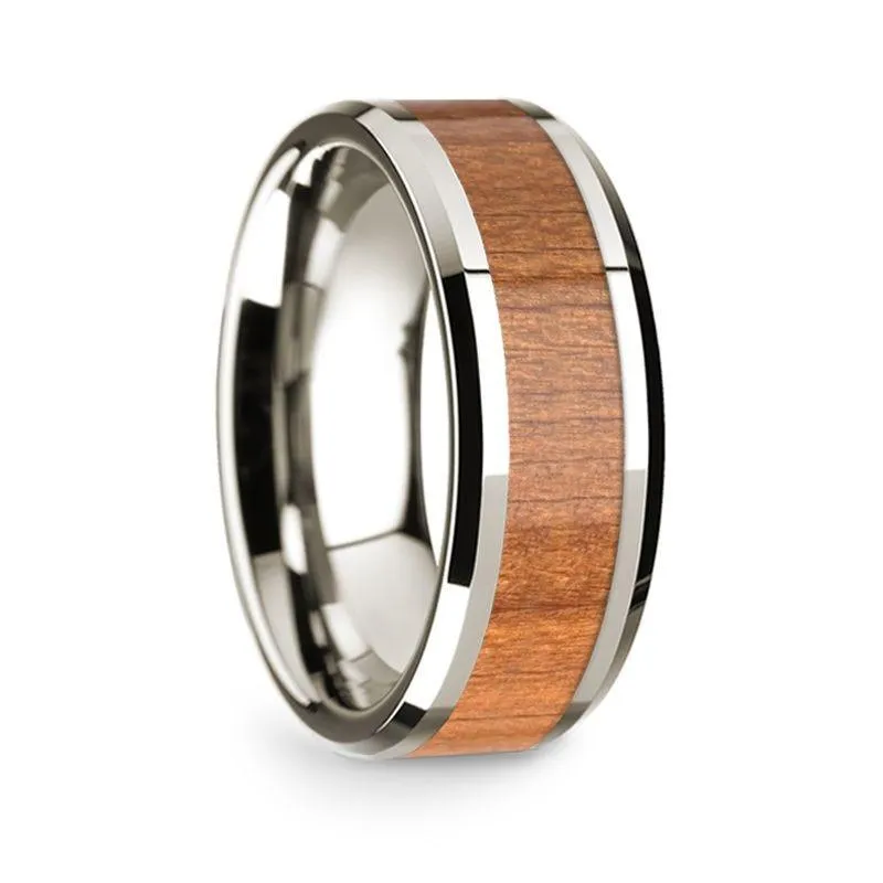 14k White Gold Polished Beveled Edges Wedding Ring with Sapele Inlay - 8 mm