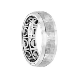 14k White Gold Wedding Band Inner Geometric Pattern Hammer Finish Round Edges by Artcarved - 7 mm