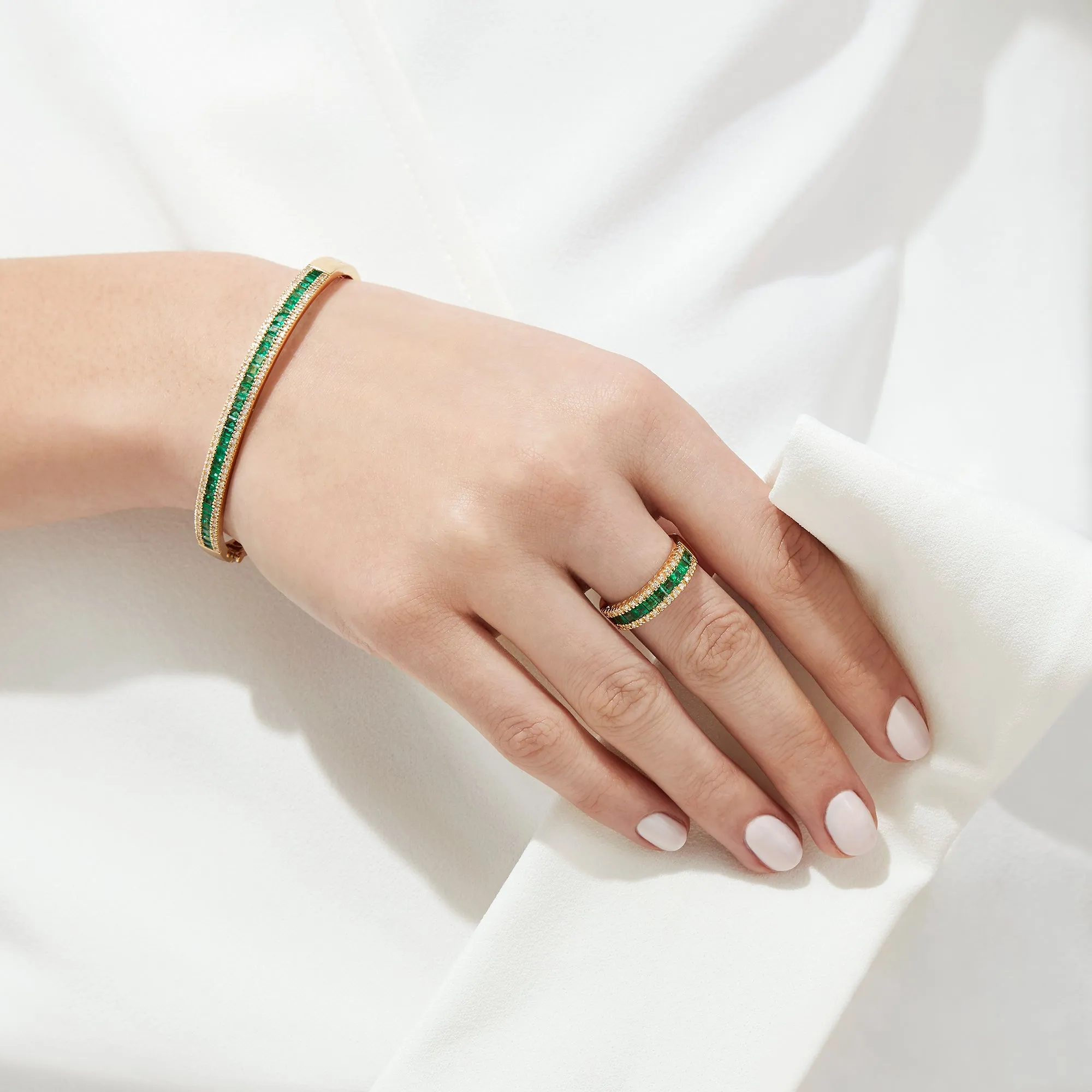14K Yellow Gold Emerald and Diamond Bangle, 2.97 TCW