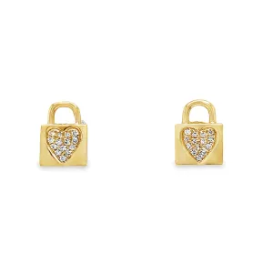 14k Yellow Gold Small Diamond Lock Earrings