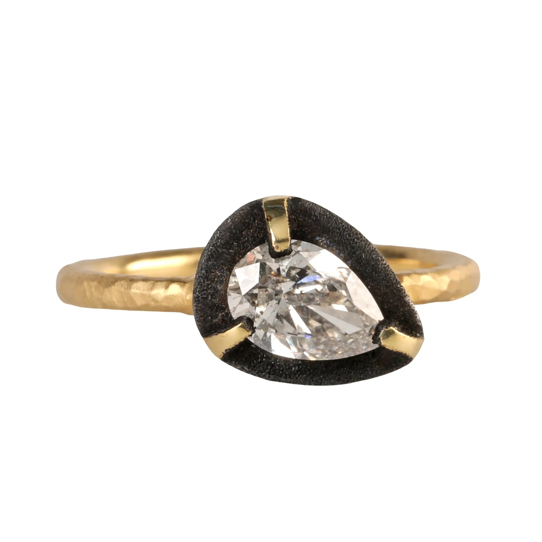 18K Gold and Pear-Shaped Diamond Ring Surrounded by Blackened White Gold Halo