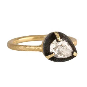 18K Gold and Pear-Shaped Diamond Ring Surrounded by Blackened White Gold Halo