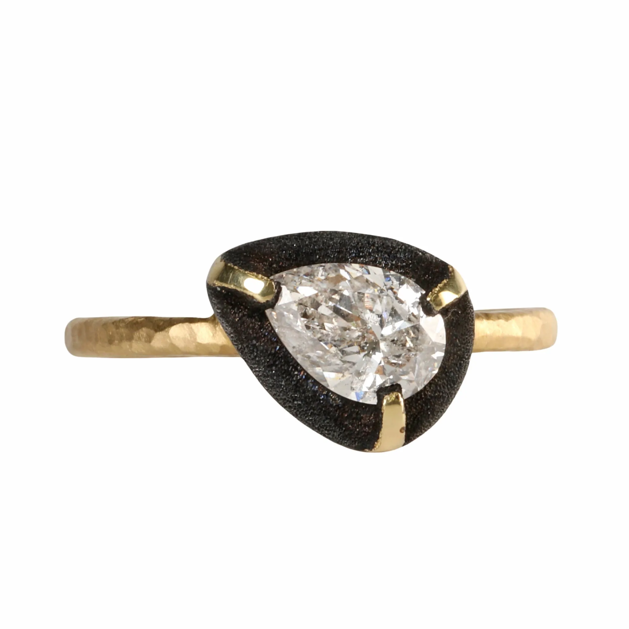 18K Gold and Pear-Shaped Diamond Ring Surrounded by Blackened White Gold Halo