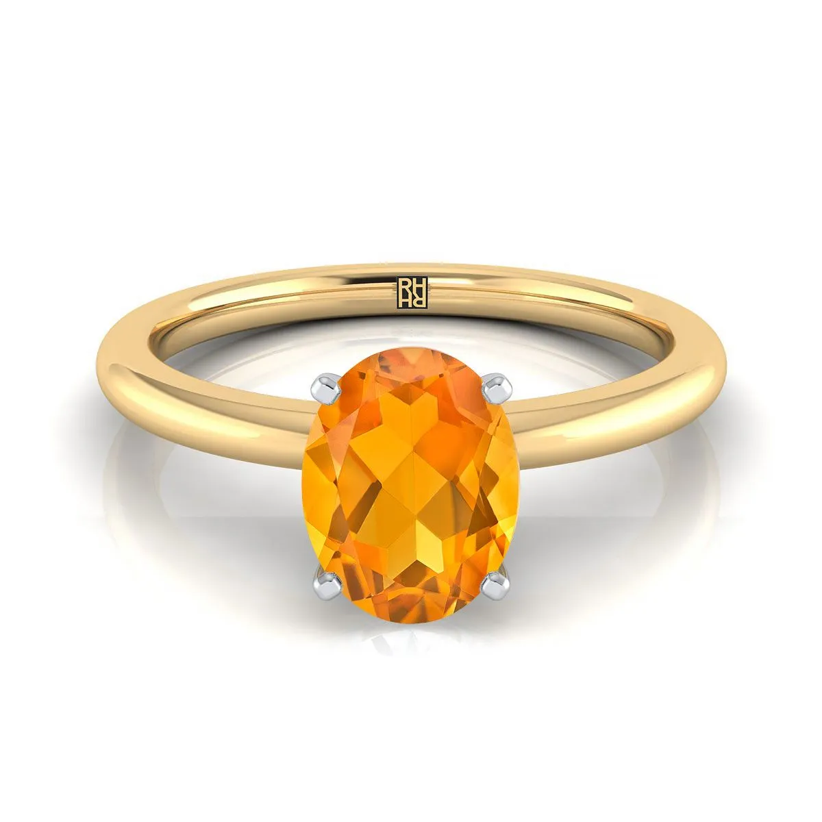 18K Yellow Gold Oval Citrine Round Comfort Fit Claw Prong Solitaire Engagement Ring
