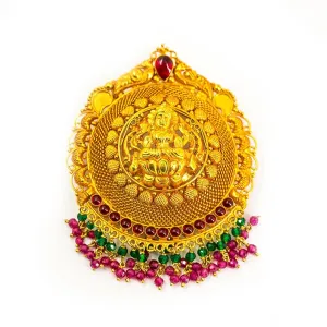 22K Yellow Gold Antique Pendant W/ Hanging Emeralds & Rubies on Laxmi Engraved Shield Frame