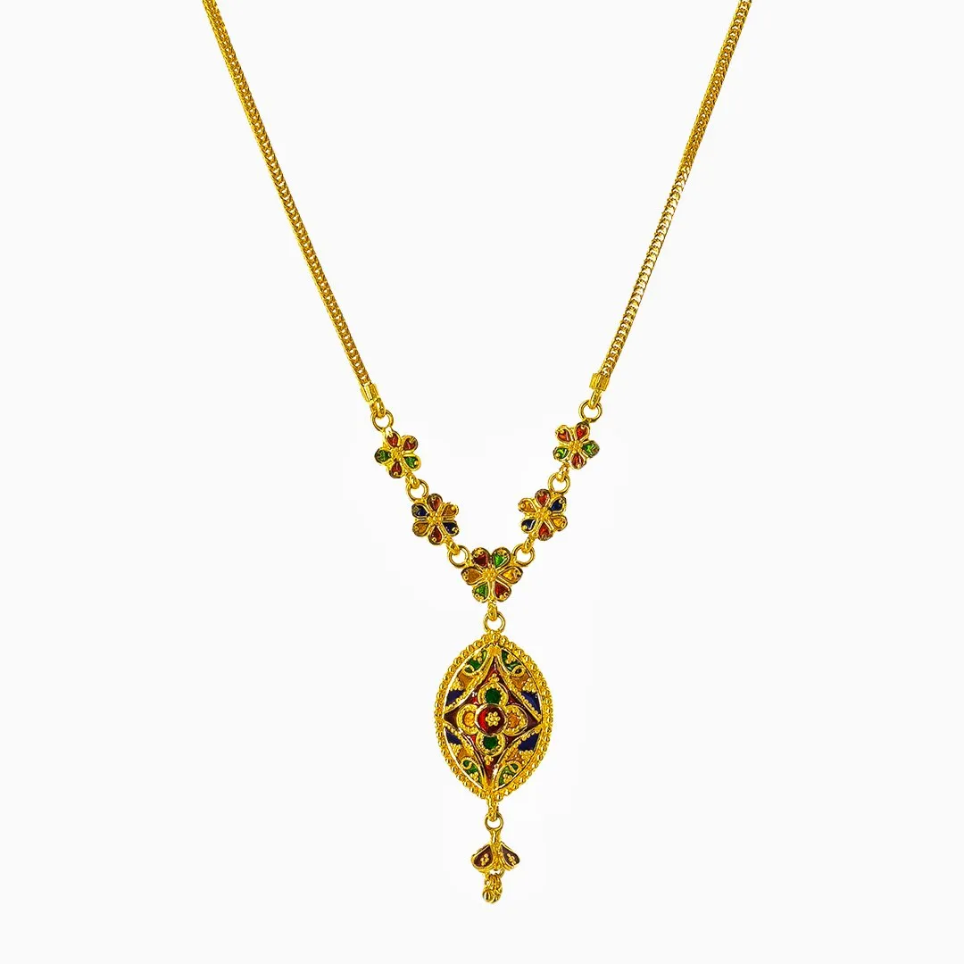 22K Yellow Gold Necklace and Earrings Set W/ Multi-Color Enamel & Reversible Pendants