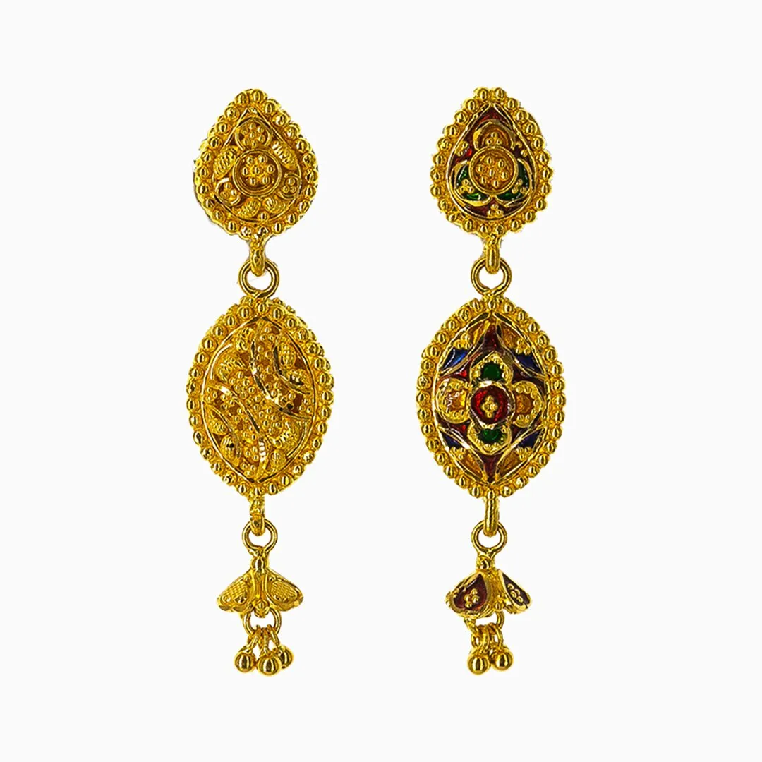 22K Yellow Gold Necklace and Earrings Set W/ Multi-Color Enamel & Reversible Pendants