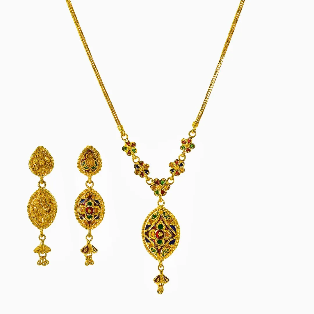 22K Yellow Gold Necklace and Earrings Set W/ Multi-Color Enamel & Reversible Pendants