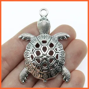 2Pcs 55X37Mm Antique Silver Color Charm Turtle Pendants