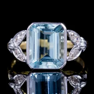 3Ct Emerald Cut Aquamarine Diamond Ring 18Ct Gold