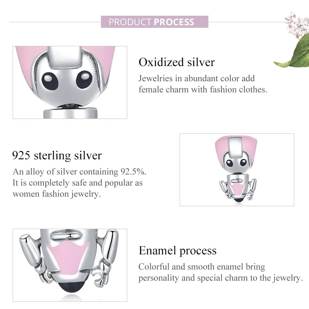 925 Sterling Silver Pink Robot Beads For Diy Bracelets & Necklaces