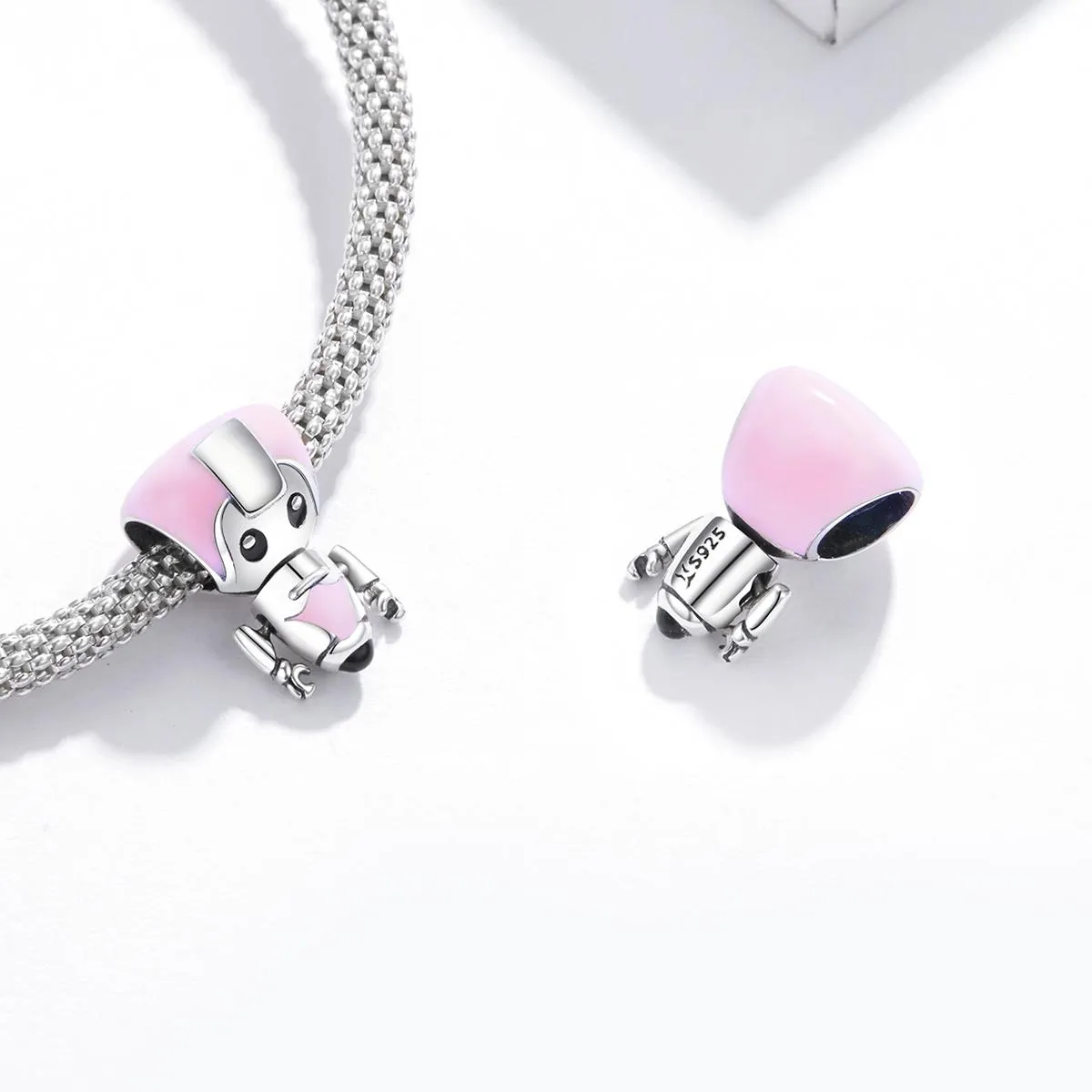 925 Sterling Silver Pink Robot Beads For Diy Bracelets & Necklaces