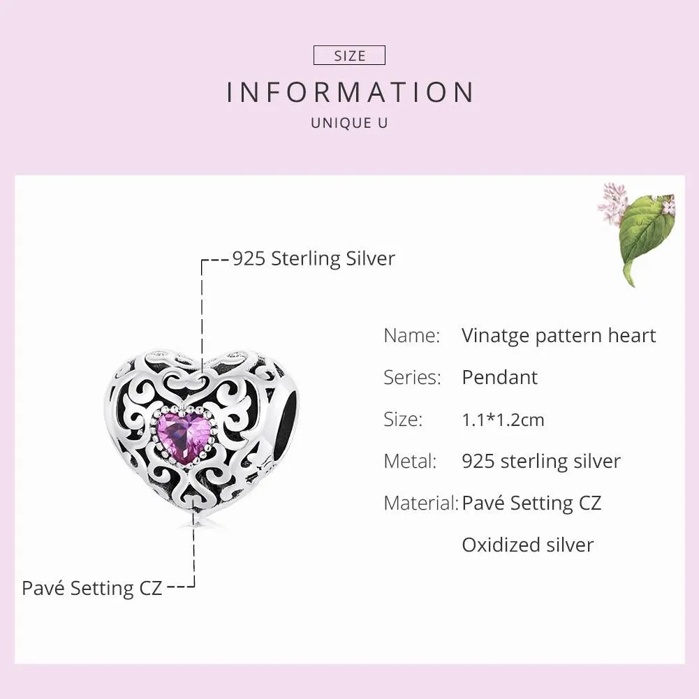 925 Sterling Silver Retro Flower Heart Beads For Diy Bracelets & Necklaces