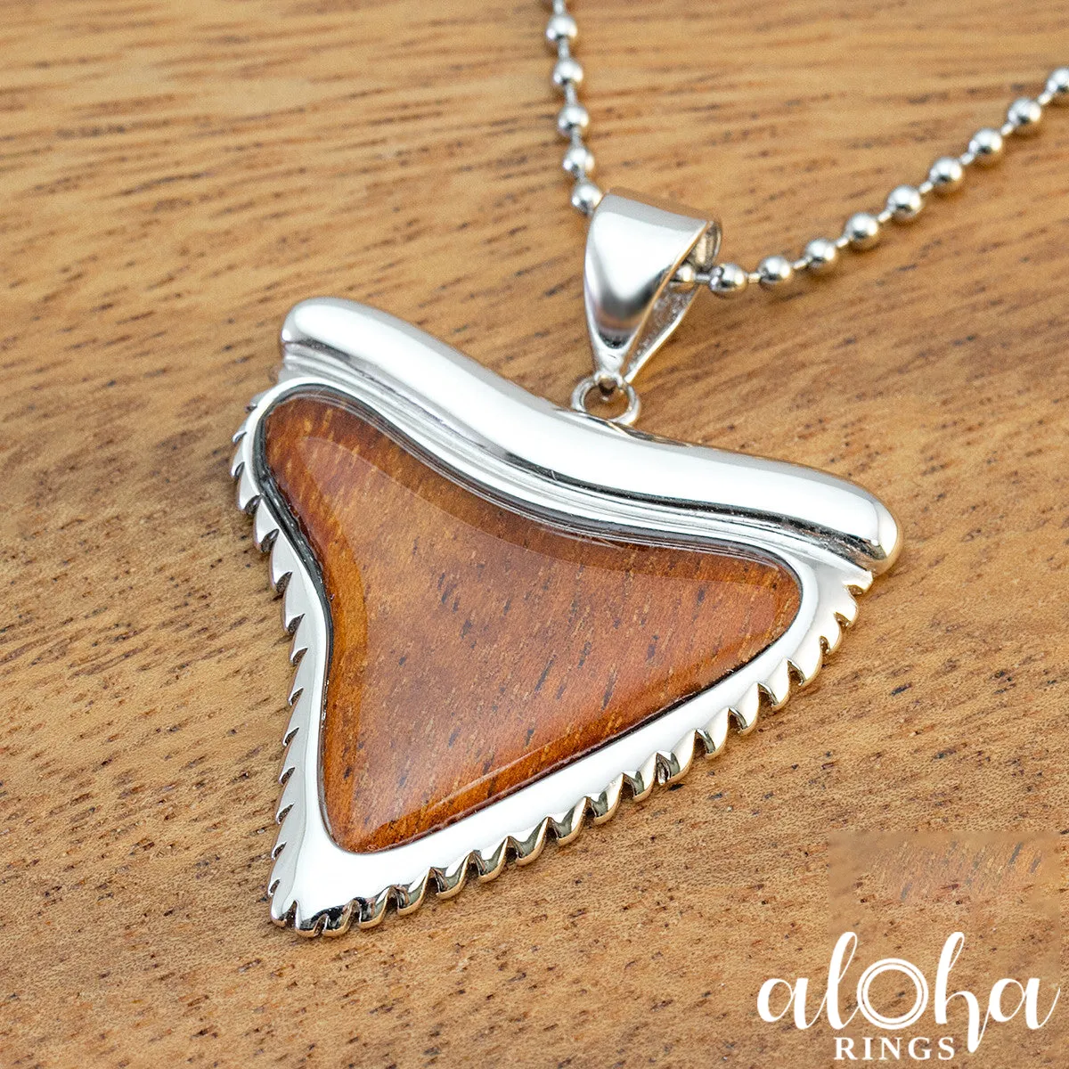 925 Sterling Silver Shark 'Mano' Tooth Pendant with Hawaiian Koa Wood Inlay
