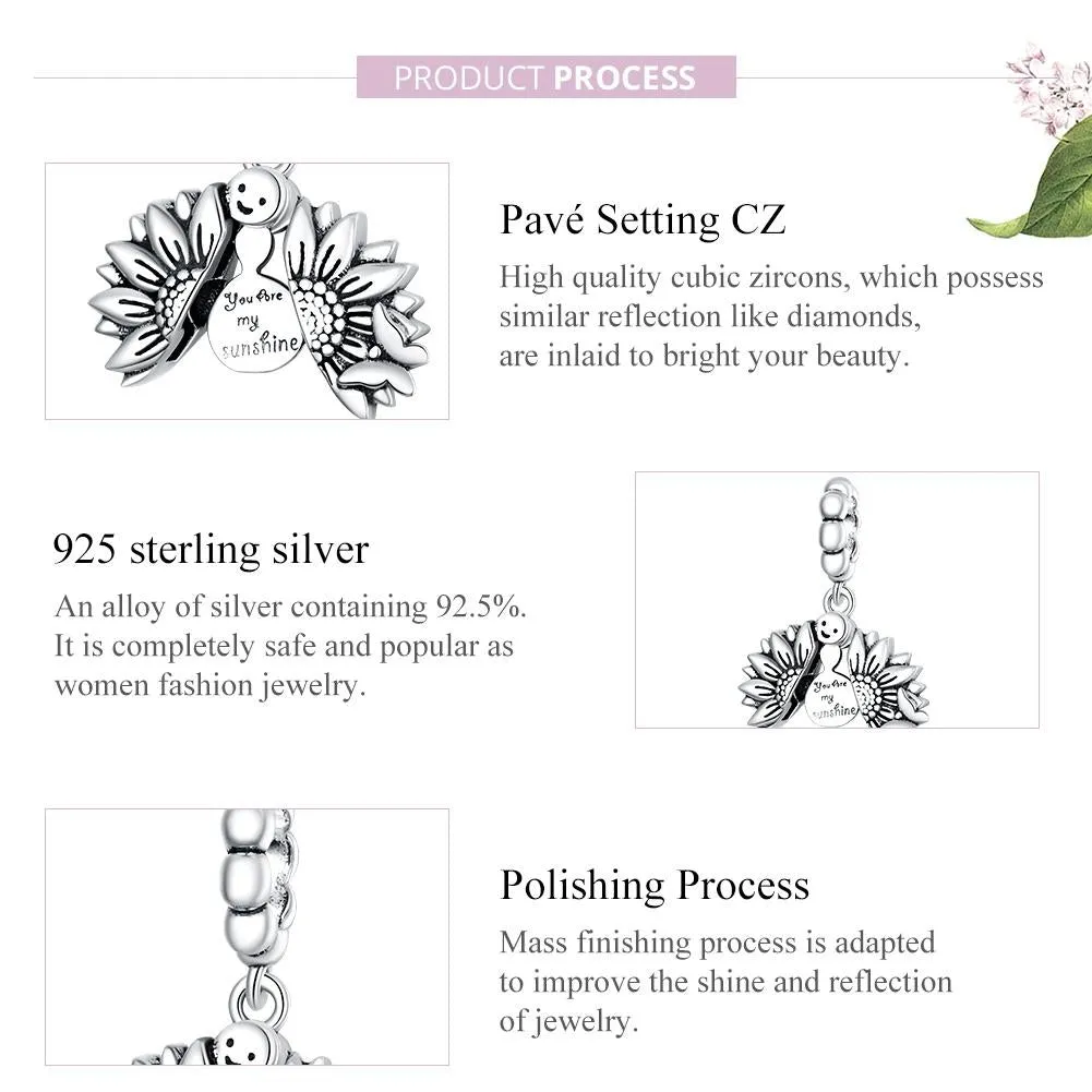 925 Sterling Silver Smiling Sunflower Pendant For Diy Bracelets & Necklaces
