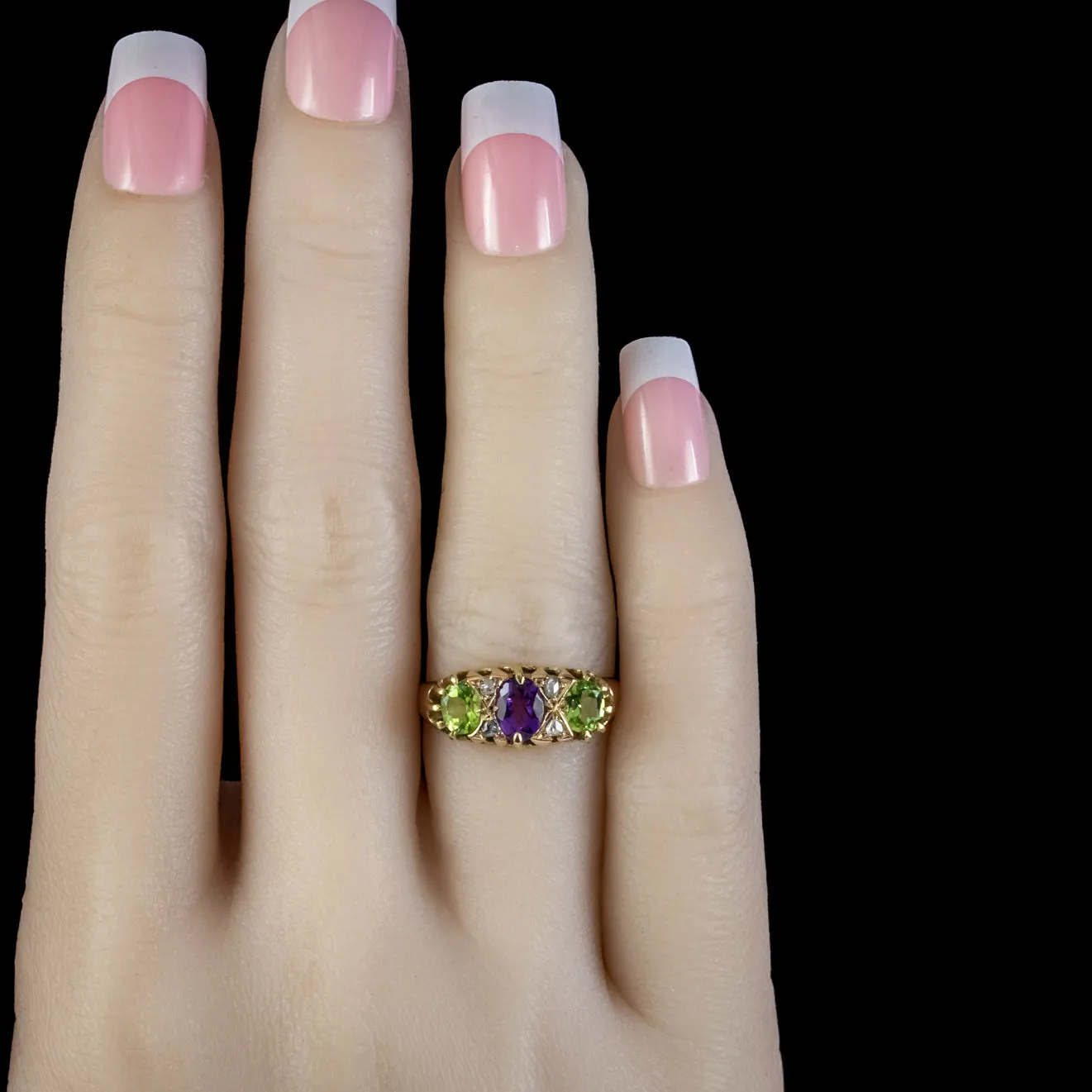Antique Edwardian Suffragette Ring Amethyst Peridot Diamond Dated 1903
