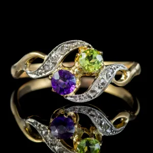 Antique French Suffragette Twist Ring 18Ct Gold Amethyst Diamond Peridot Circa 1915