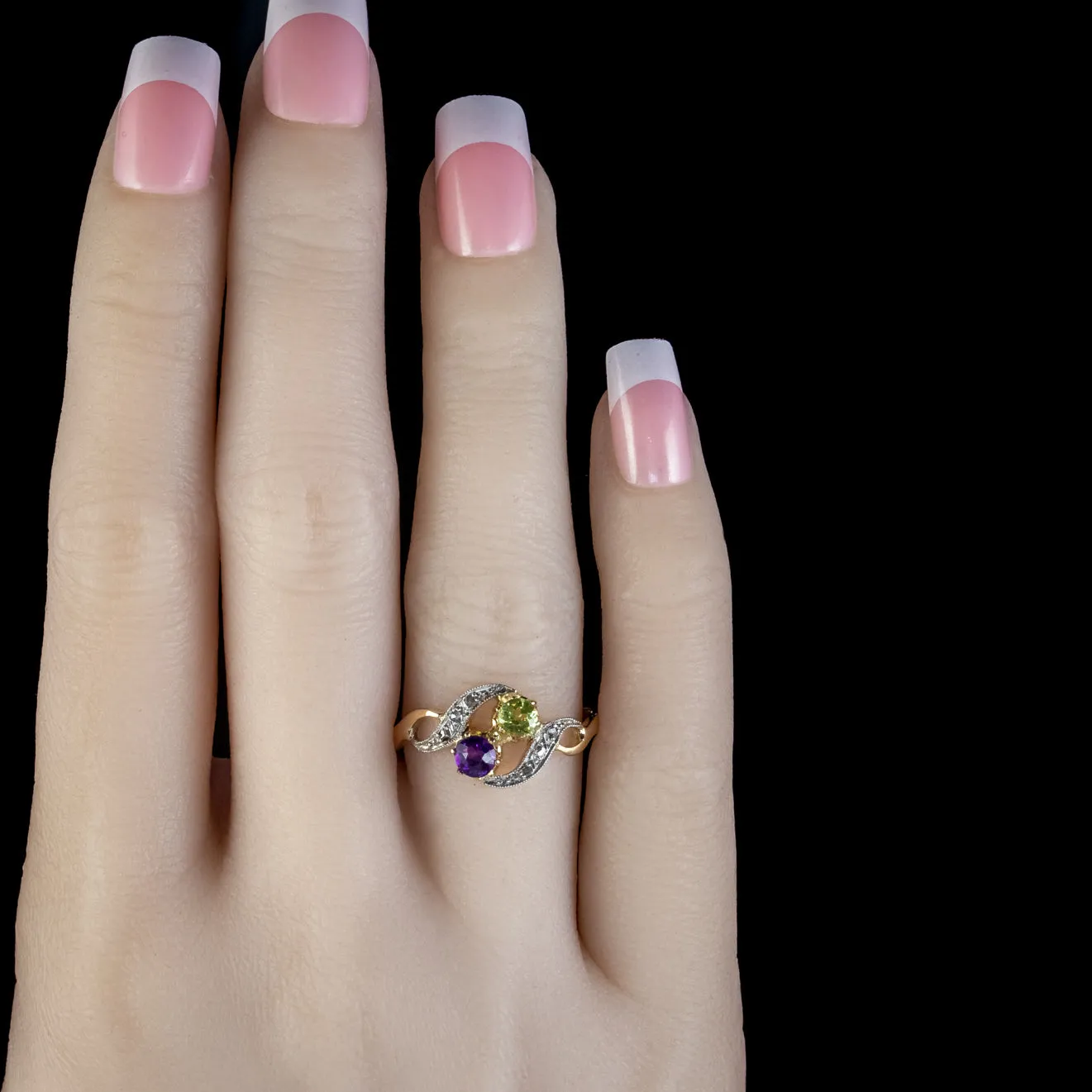 Antique French Suffragette Twist Ring 18Ct Gold Amethyst Diamond Peridot Circa 1915