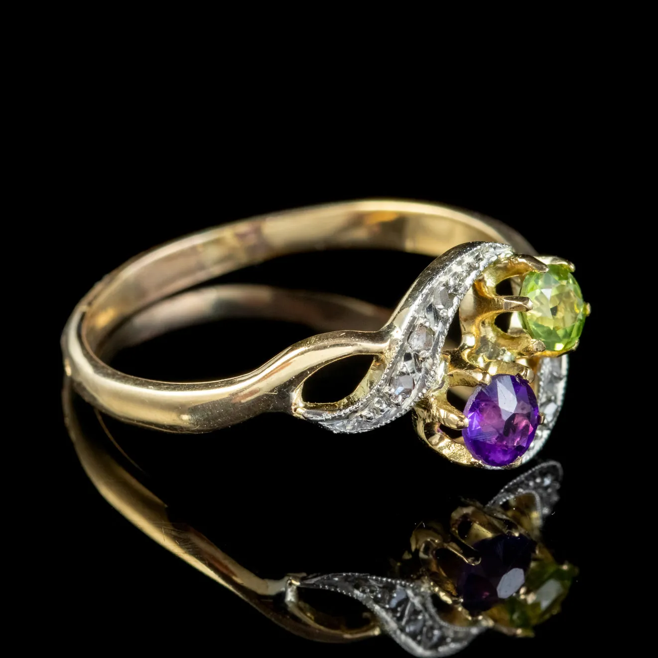 Antique French Suffragette Twist Ring 18Ct Gold Amethyst Diamond Peridot Circa 1915