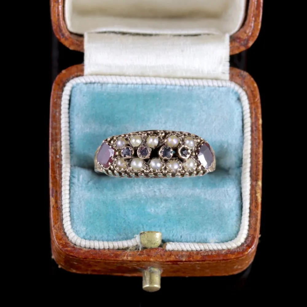 Antique Victorian Cluster Ring Garnet Pearl 15Ct Gold Circa 1900