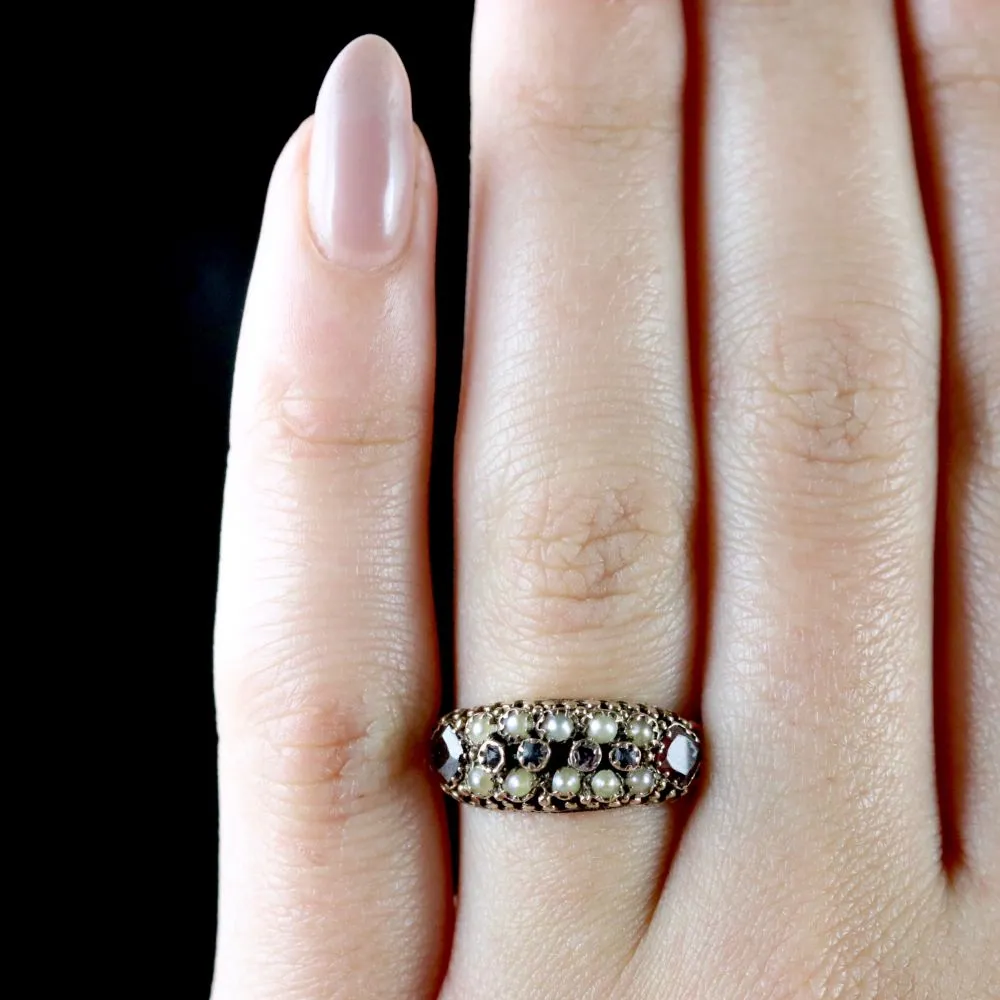 Antique Victorian Cluster Ring Garnet Pearl 15Ct Gold Circa 1900