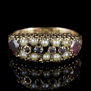 Antique Victorian Cluster Ring Garnet Pearl 15Ct Gold Circa 1900