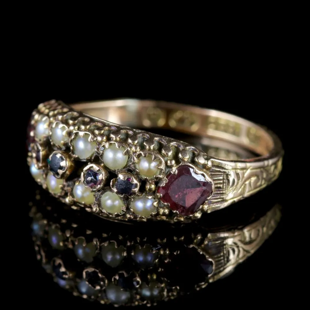 Antique Victorian Cluster Ring Garnet Pearl 15Ct Gold Circa 1900