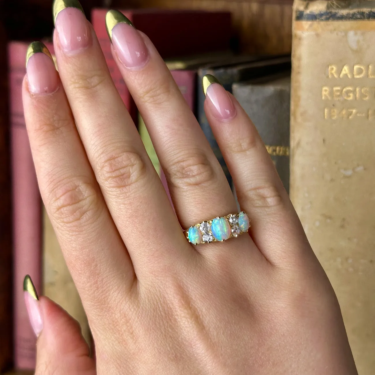 Antique Victorian Opal Diamond Ring 2ct Natural Opals