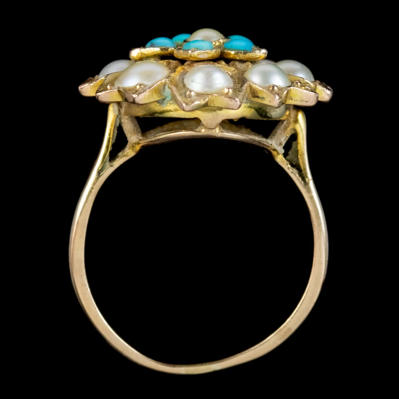 Antique Victorian Turquoise Pearl Daisy Ring 9ct Gold Circa 1900