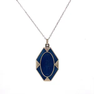 Art Deco Blue Enamel Locket Necklace in 18k White Gold