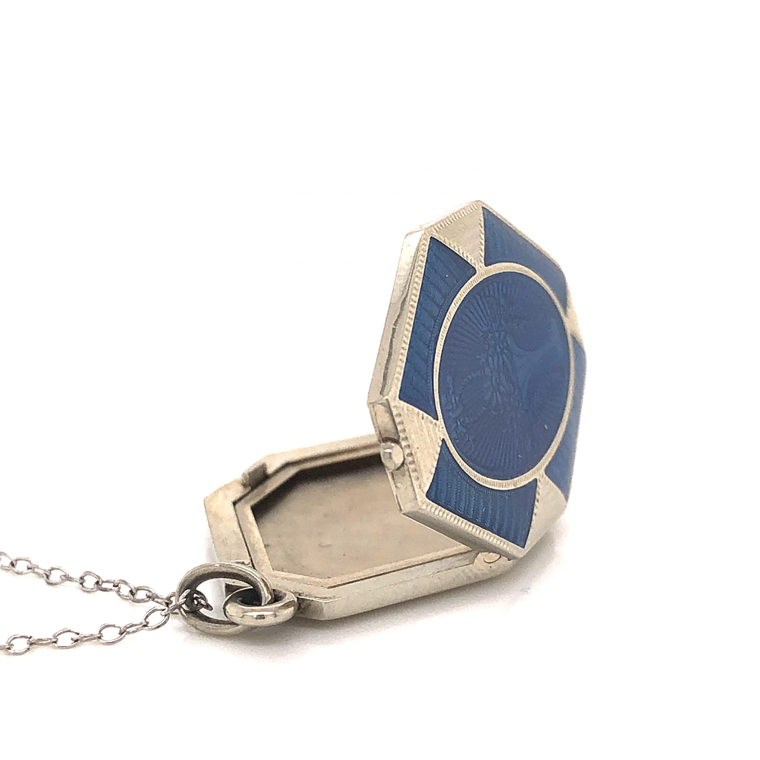 Art Deco Blue Enamel Locket Necklace in 18k White Gold