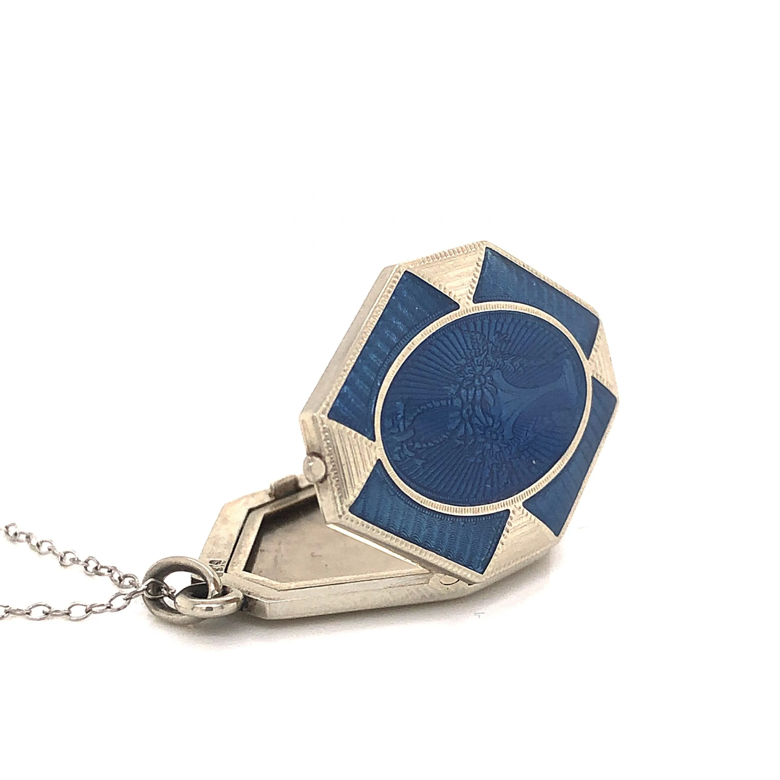 Art Deco Blue Enamel Locket Necklace in 18k White Gold