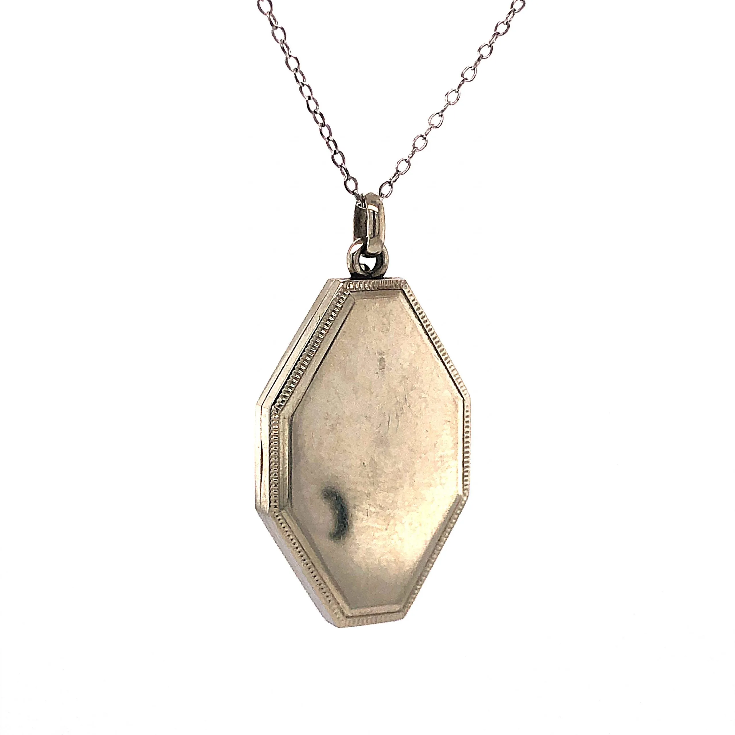Art Deco Blue Enamel Locket Necklace in 18k White Gold
