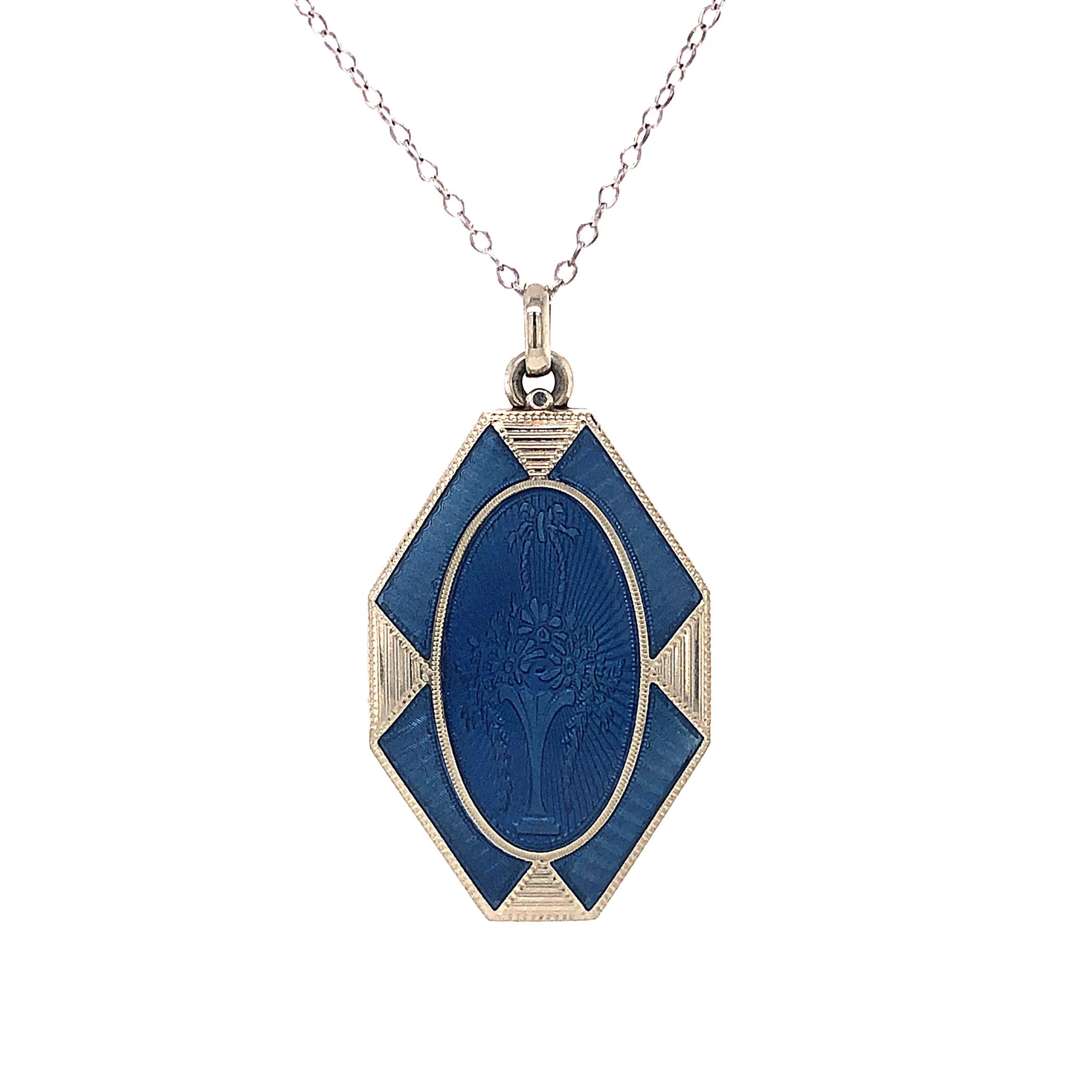 Art Deco Blue Enamel Locket Necklace in 18k White Gold