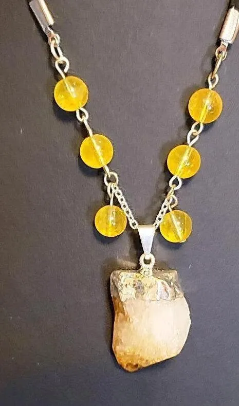 Citrine Raw Nugget Pendant Necklace - Silver Chain & Black Faux Leather Rope - Manifestation Power Handmade Jewelry