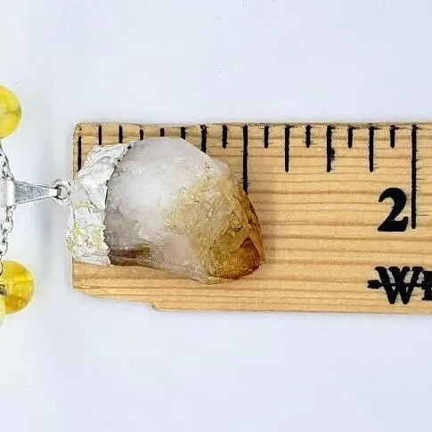 Citrine Raw Nugget Pendant Necklace - Silver Chain & Black Faux Leather Rope - Manifestation Power Handmade Jewelry