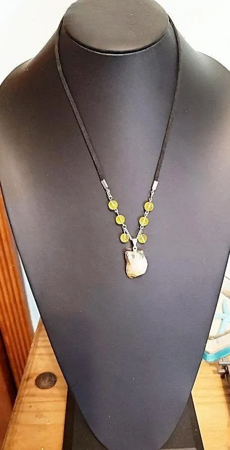 Citrine Raw Nugget Pendant Necklace - Silver Chain & Black Faux Leather Rope - Manifestation Power Handmade Jewelry
