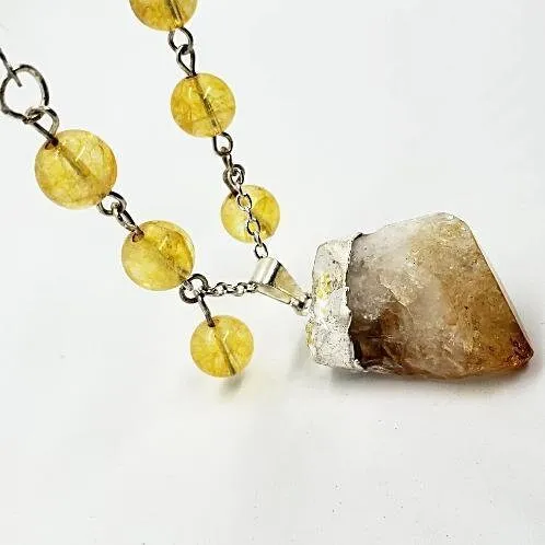 Citrine Raw Nugget Pendant Necklace - Silver Chain & Black Faux Leather Rope - Manifestation Power Handmade Jewelry