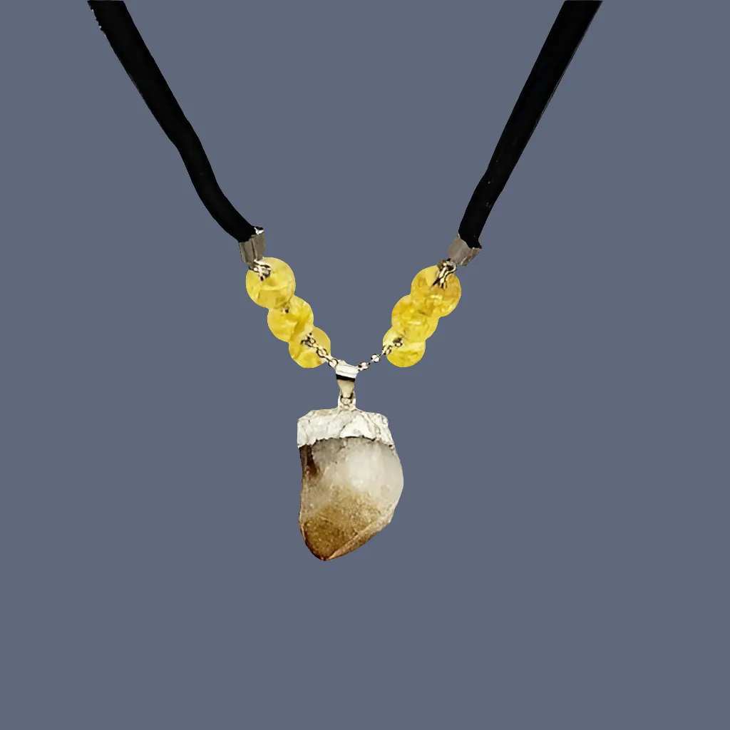 Citrine Raw Nugget Pendant Necklace - Silver Chain & Black Faux Leather Rope - Manifestation Power Handmade Jewelry