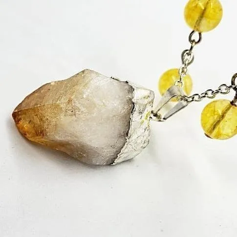 Citrine Raw Nugget Pendant Necklace - Silver Chain & Black Faux Leather Rope - Manifestation Power Handmade Jewelry