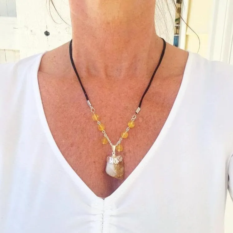 Citrine Raw Nugget Pendant Necklace - Silver Chain & Black Faux Leather Rope - Manifestation Power Handmade Jewelry