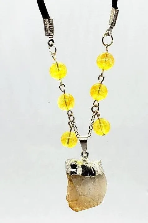 Citrine Raw Nugget Pendant Necklace - Silver Chain & Black Faux Leather Rope - Manifestation Power Handmade Jewelry