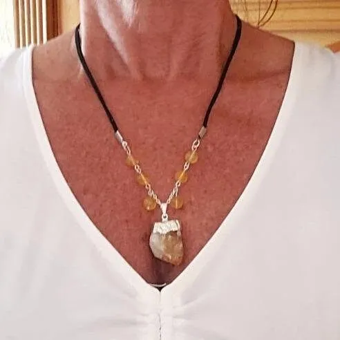 Citrine Raw Nugget Pendant Necklace - Silver Chain & Black Faux Leather Rope - Manifestation Power Handmade Jewelry