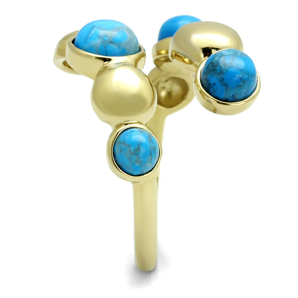 CJE3091 Wholesale Women's Stainless Steel IP Gold Round Semi-Precious Turquoise Minimal Bubble Ring